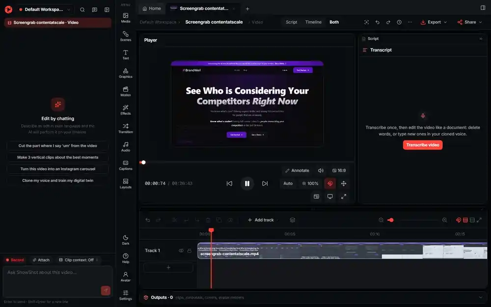 The ShowShot editor playing, with the playhead moving along the timeline