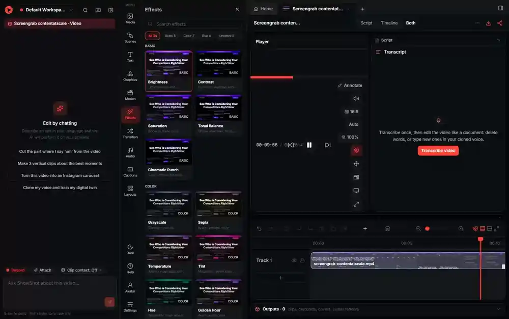 The ShowShot editor with the effects library open, previewing on the current frame