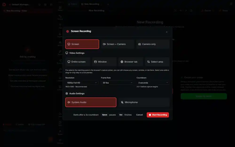 The ShowShot recording dialog: capture mode, source, resolution, frame rate, countdown and audio
