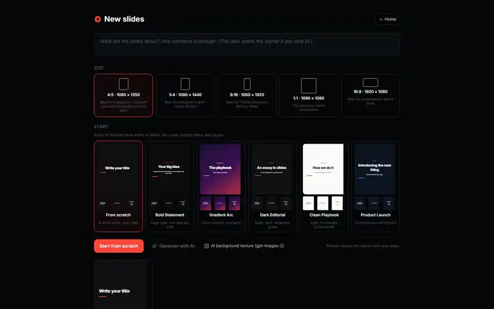The ShowShot Slides setup: five formats and six theme kits