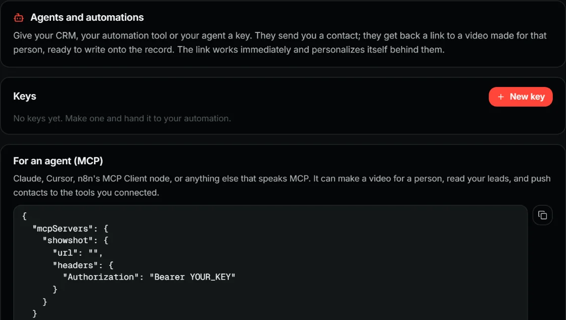 The ShowShot Integrations settings panel: agents and automations, an MCP config snippet, and a CRM webhook example