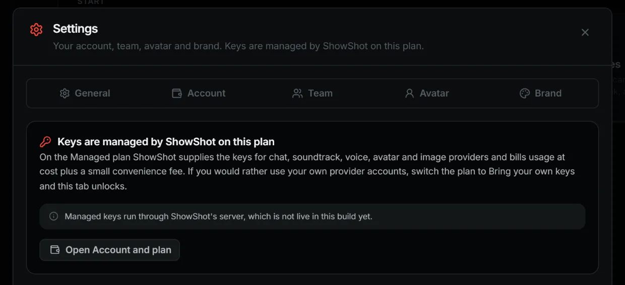 The ShowShot Settings dialog on the Keys tab, showing managed keys and the switch to bring your own