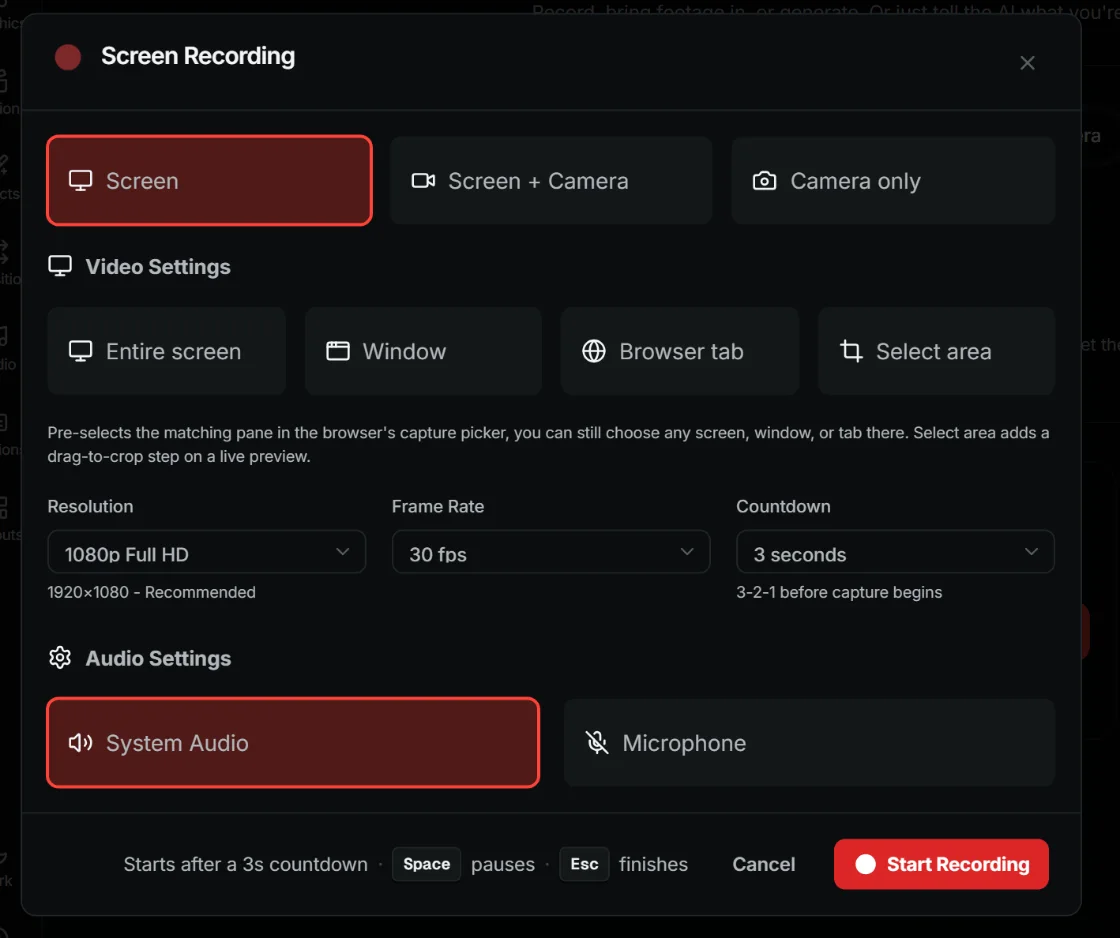 ShowShot screen recording dialog: capture mode, source, resolution, frame rate, countdown and audio settings