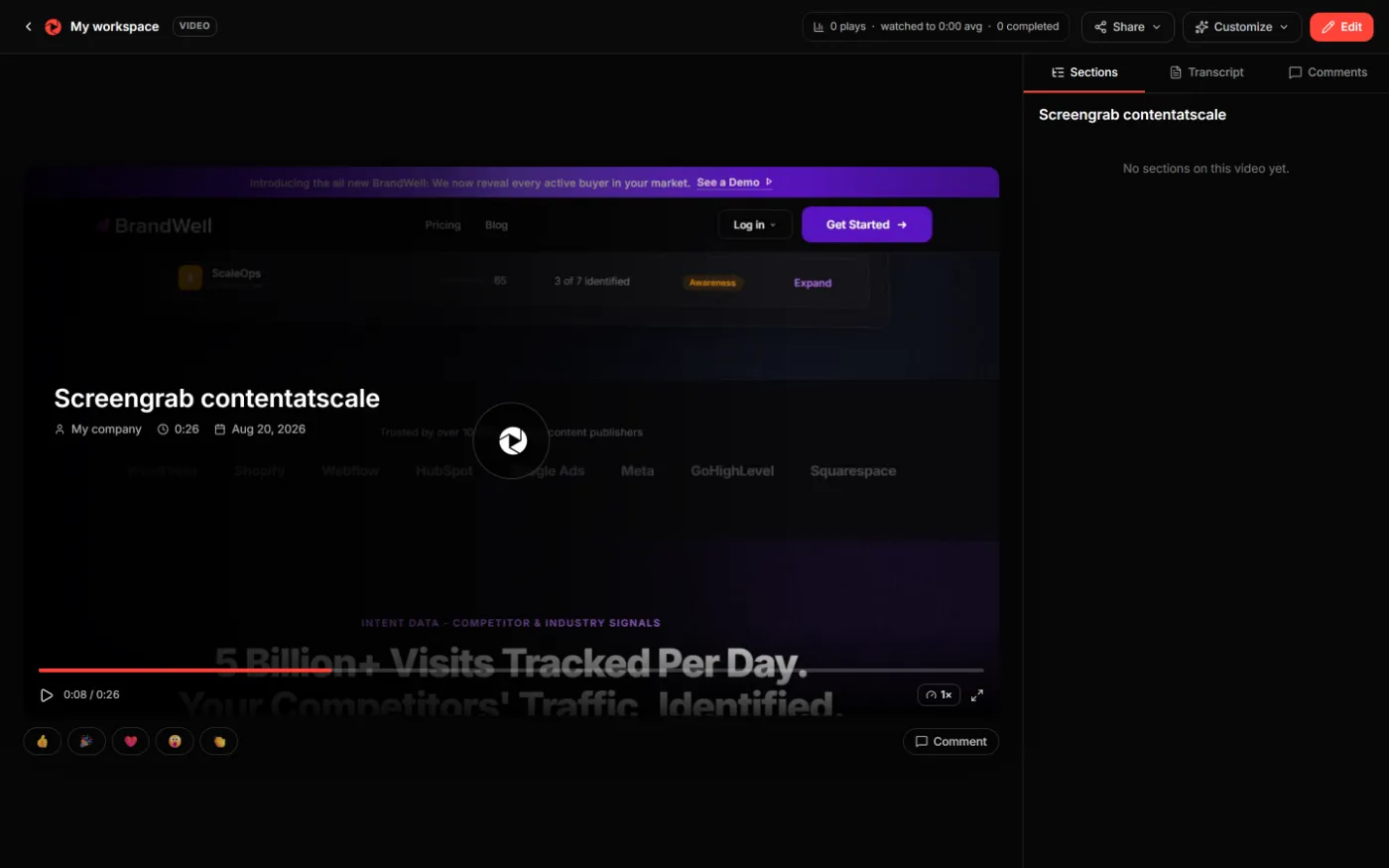 A published ShowShot watch page with the video, reactions and a Sections, Transcript and Comments rail